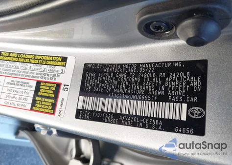 2022 Toyota Camry Le из США, поврежденный, VIN 4T1C11AK0NU699514